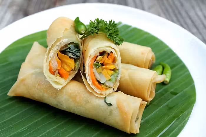 Close-up of beautifully presented spring rolls