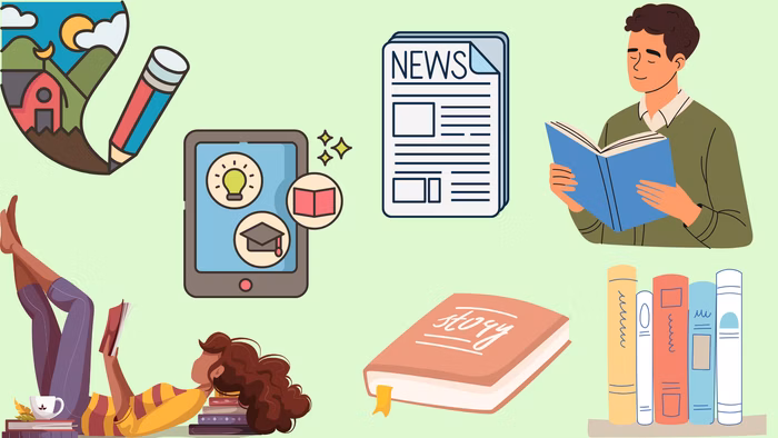 Illustration of people reading along with different forms of learning and reading materials.