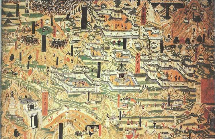 Mural painting in the Mogao Caves showing monastic architecture from Tang Dynasty