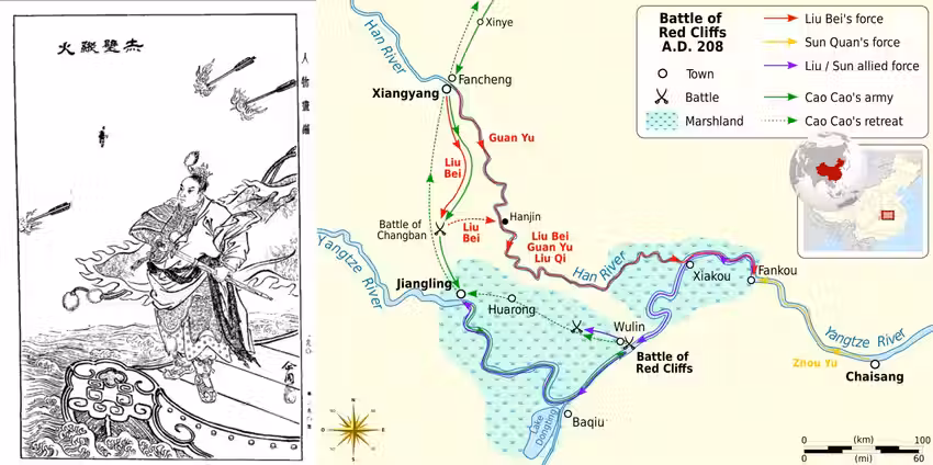Zhou Yu's fire attack and the Battle of Red Cliffs