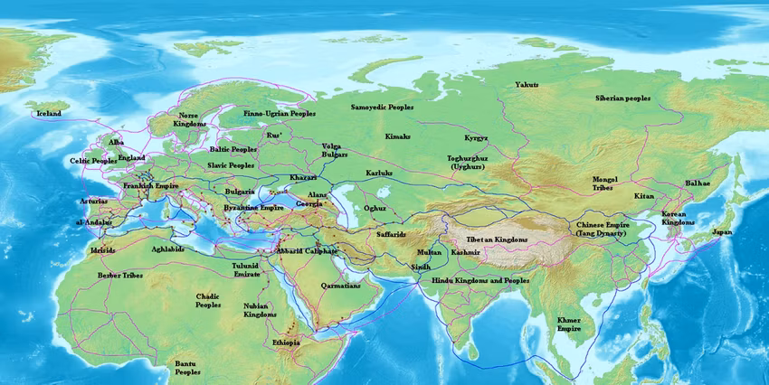 Map of Eurasia and Africa showing trade networks in 870 CE