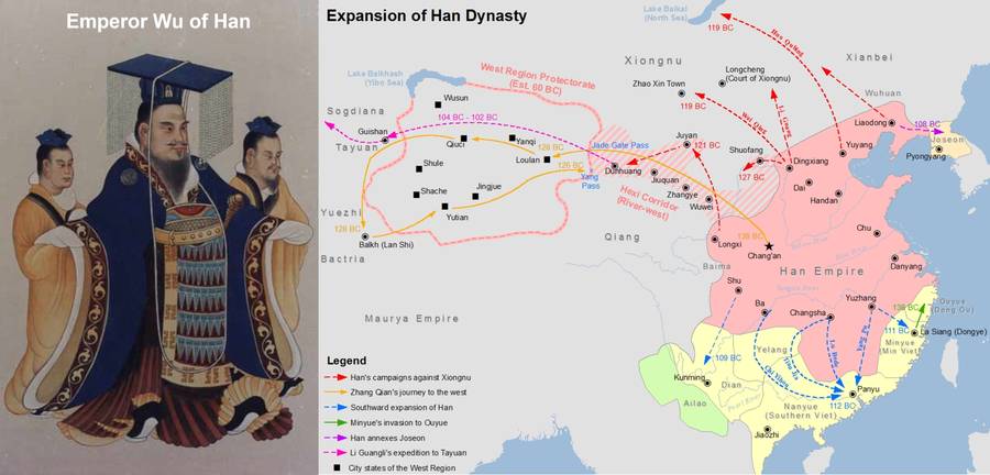 Portrait of Emperor Wu of Han and a map of Han's expansion