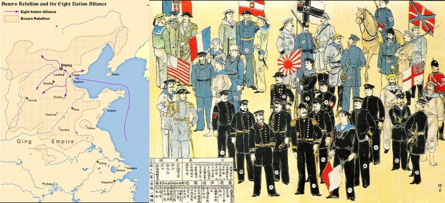Map of the Boxer Rebellion and Eight-Nation Alliance and an illustration of navy troops of Eight-Nation Alliance
